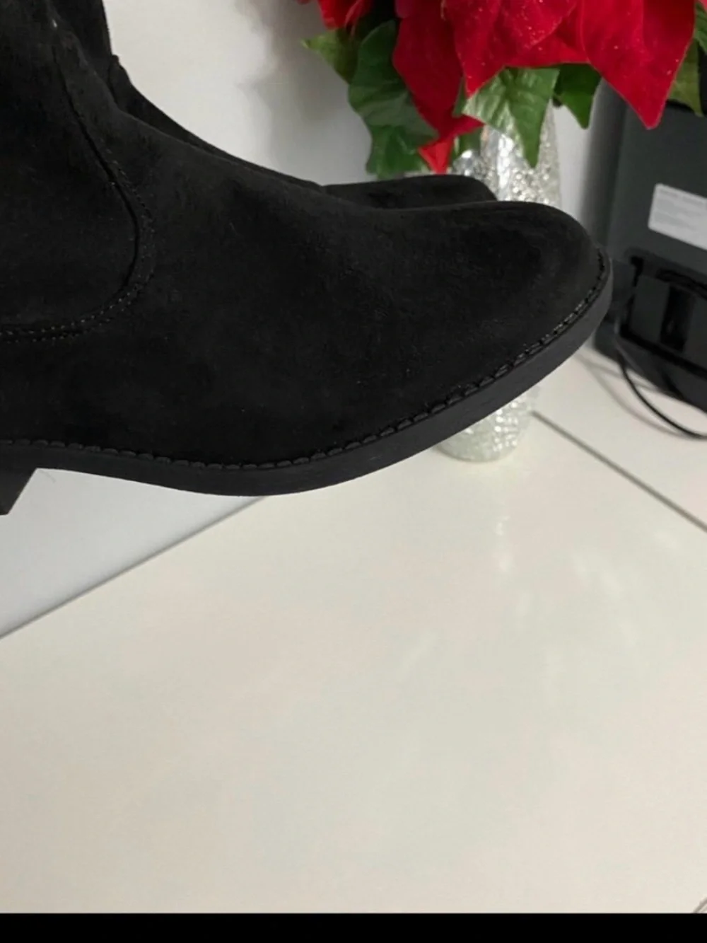 Black Over-the-Knee Suede Boots with Gold Buckle Detail
